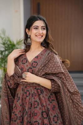 Brown beautiful muslin fabric digital printed girlie ceremonial dress 3