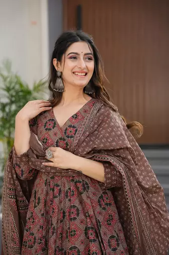 Brown beautiful muslin fabric digital printed girlie ceremonial dress