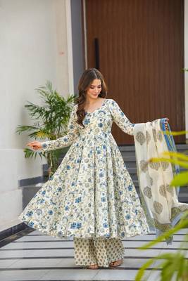 Off white beautiful muslin fabric digital printed girlie ceremonial dress 2