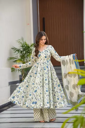 Off white beautiful muslin fabric digital printed girlie ceremonial dress