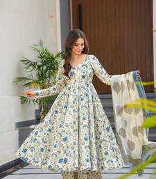 Off white beautiful muslin fabric designer digital printed girlie ceremonial dress