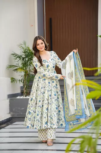 Off white beautiful muslin fabric digital printed girlie ceremonial dress