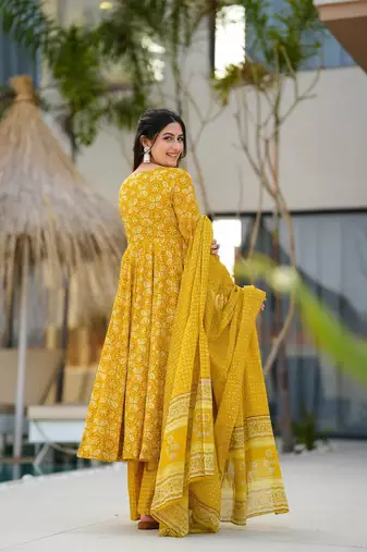 Yellow beautiful muslin fabric digital printed girlie ceremonial dress