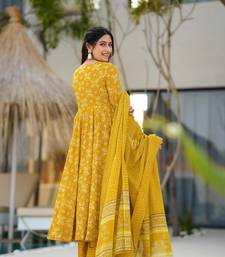 Yellow beautiful muslin fabric designer digital printed girlie ceremonial dress
