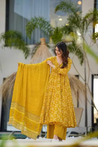 Yellow beautiful muslin fabric digital printed girlie ceremonial dress