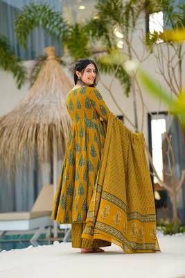 Mustard beautiful muslin fabric digital printed girlie ceremonial dress 2