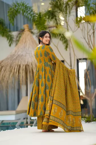 Mustard beautiful muslin fabric digital printed girlie ceremonial dress
