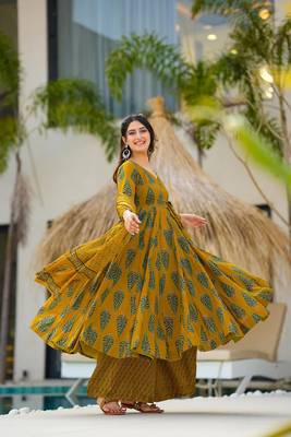 Mustard beautiful muslin fabric digital printed girlie ceremonial dress 3