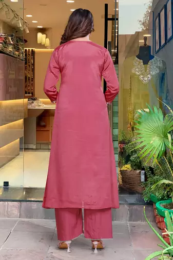 Pink beautiful embroidery work viscosee chinon fabric suit