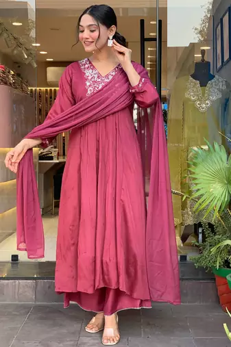 Pink beautiful embroidery work viscosee chinon fabric suit
