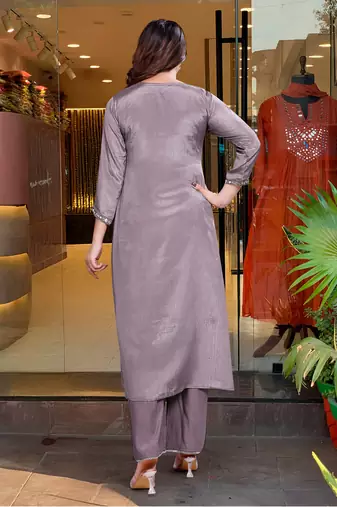 Grey beautiful embroidery work viscosee chinon fabric suit
