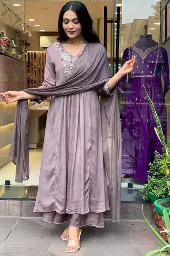 Grey beautiful embroidery work viscosee chinon fabric suit