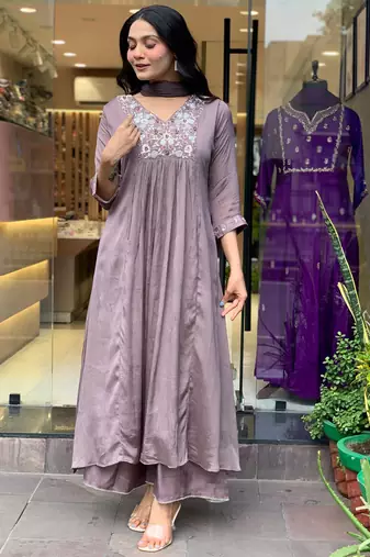 Grey beautiful embroidery work viscosee chinon fabric suit