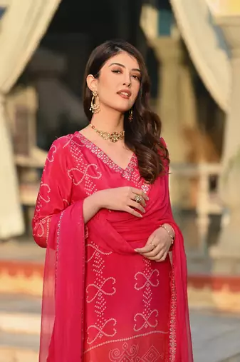 Pink beautiful embroidery work with printed chinon silk fabric suit