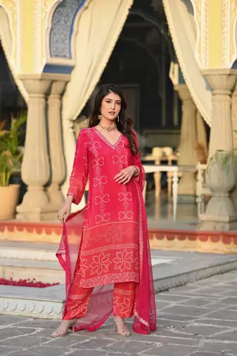 Pink beautiful embroidery work with printed chinon silk fabric suit