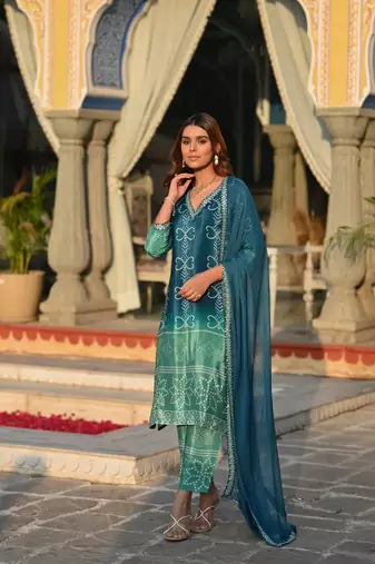 Rama beautiful embroidery work with printed chinon silk fabric suit