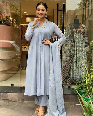 Grey beautiful embroidery work viscosee chinon fabric suit 1