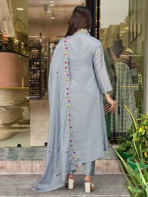 Grey beautiful embroidery work viscosee chinon fabric suit 2