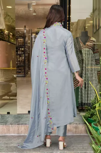 Grey beautiful embroidery work viscosee chinon fabric suit