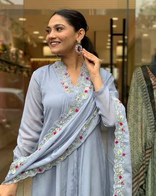 Grey beautiful embroidery work viscosee chinon fabric suit 3