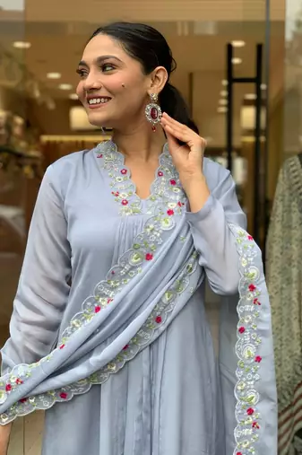 Grey beautiful embroidery work viscosee chinon fabric suit