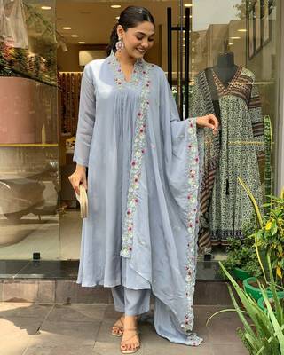 Grey beautiful embroidery work viscosee chinon fabric suit 4
