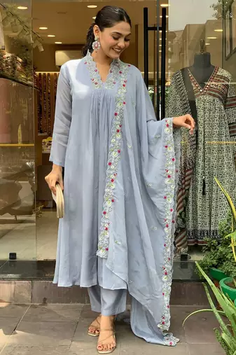 Grey beautiful embroidery work viscosee chinon fabric suit