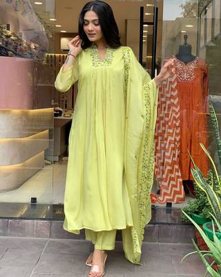 Green beautiful embroidery work viscosee chinon fabric suit 2