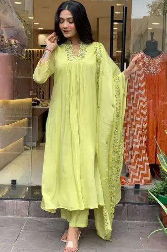 Green beautiful embroidery work viscosee chinon fabric suit