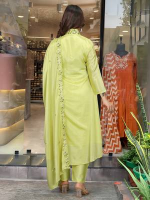 Green beautiful embroidery work viscosee chinon fabric suit 3