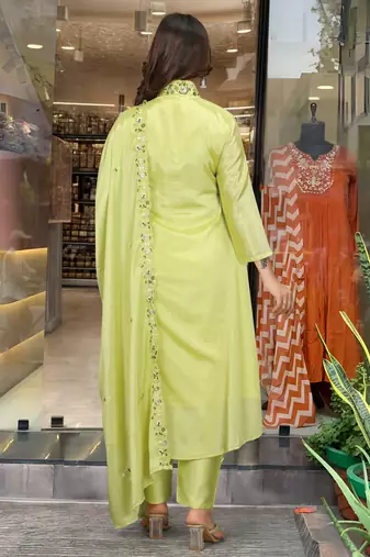 Green beautiful embroidery work viscosee chinon fabric suit