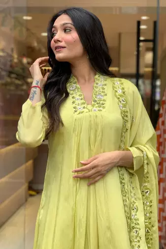 Green beautiful embroidery work viscosee chinon fabric suit
