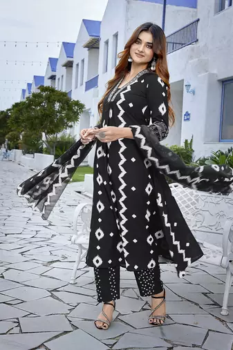 Black sophisticated viscosee fabric embroidered work,printed girlie suits