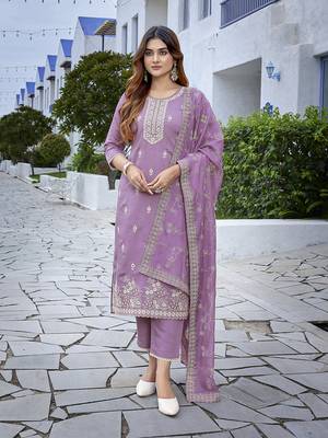 Purple sophisticated chanderi fabric embroidered work girlie suits 1