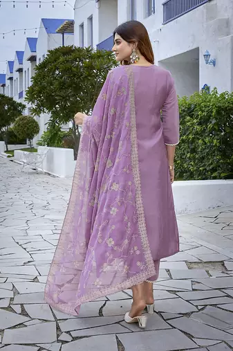 Purple sophisticated chanderi fabric embroidered work girlie suits