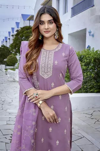 Purple sophisticated chanderi fabric embroidered work girlie suits