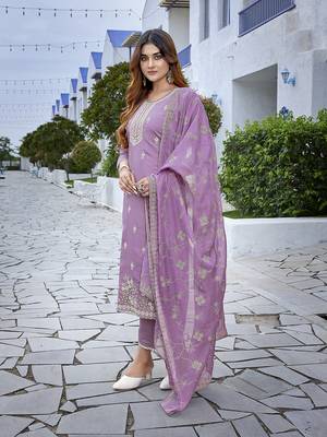 Purple sophisticated chanderi fabric embroidered work girlie suits 4