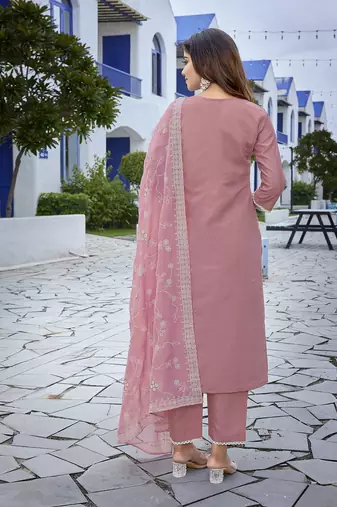 Mauve pink sophisticated chanderi fabric embroidered work girlie suits