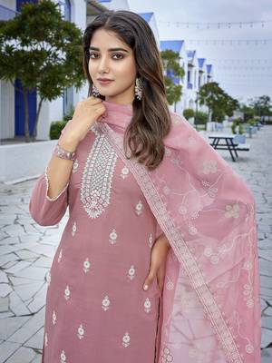 Mauve pink sophisticated chanderi fabric embroidered work girlie suits 3