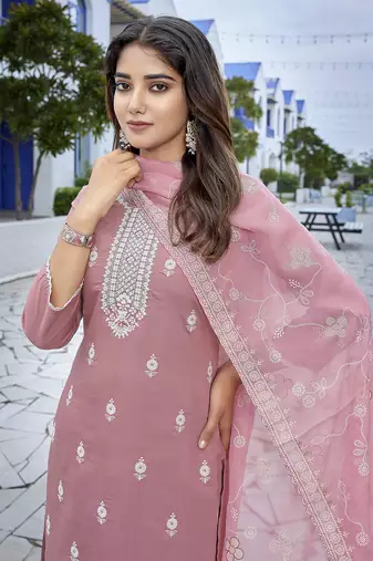 Mauve pink sophisticated chanderi fabric embroidered work girlie suits