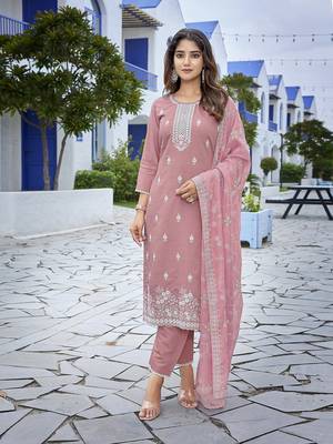 Mauve pink sophisticated chanderi fabric embroidered work girlie suits 4