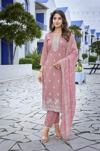 Mauve pink sophisticated chanderi fabric embroidered work girlie suits