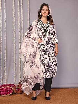 White & black sophisticated cotton blend fabric embroidered work,printed girlie suits 1