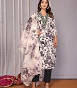 White & black sophisticated cotton blend fabric embroidered work,printed girlie suits