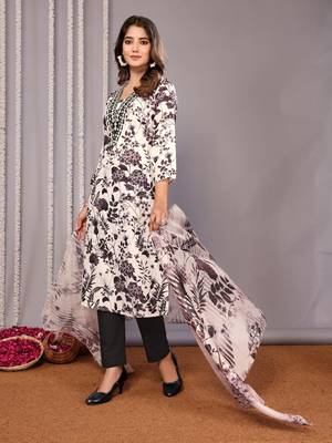 White & black sophisticated cotton blend fabric embroidered work,printed girlie suits 4