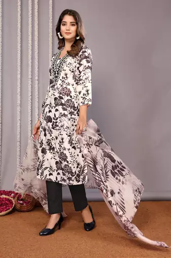 White & black sophisticated cotton blend fabric embroidered work,printed girlie suits