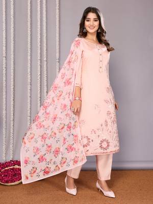 Pink sophisticated chanderi fabric embroidered work,printed girlie suits 1