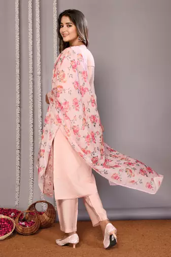 Pink sophisticated chanderi fabric embroidered work,printed girlie suits