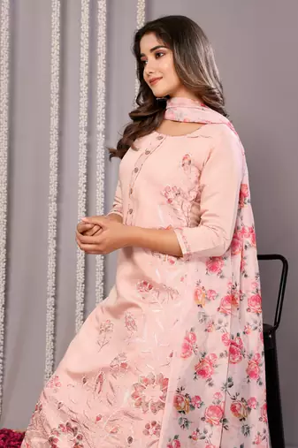 Pink sophisticated chanderi fabric embroidered work,printed girlie suits