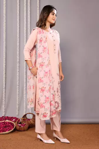 Pink sophisticated chanderi fabric embroidered work,printed girlie suits